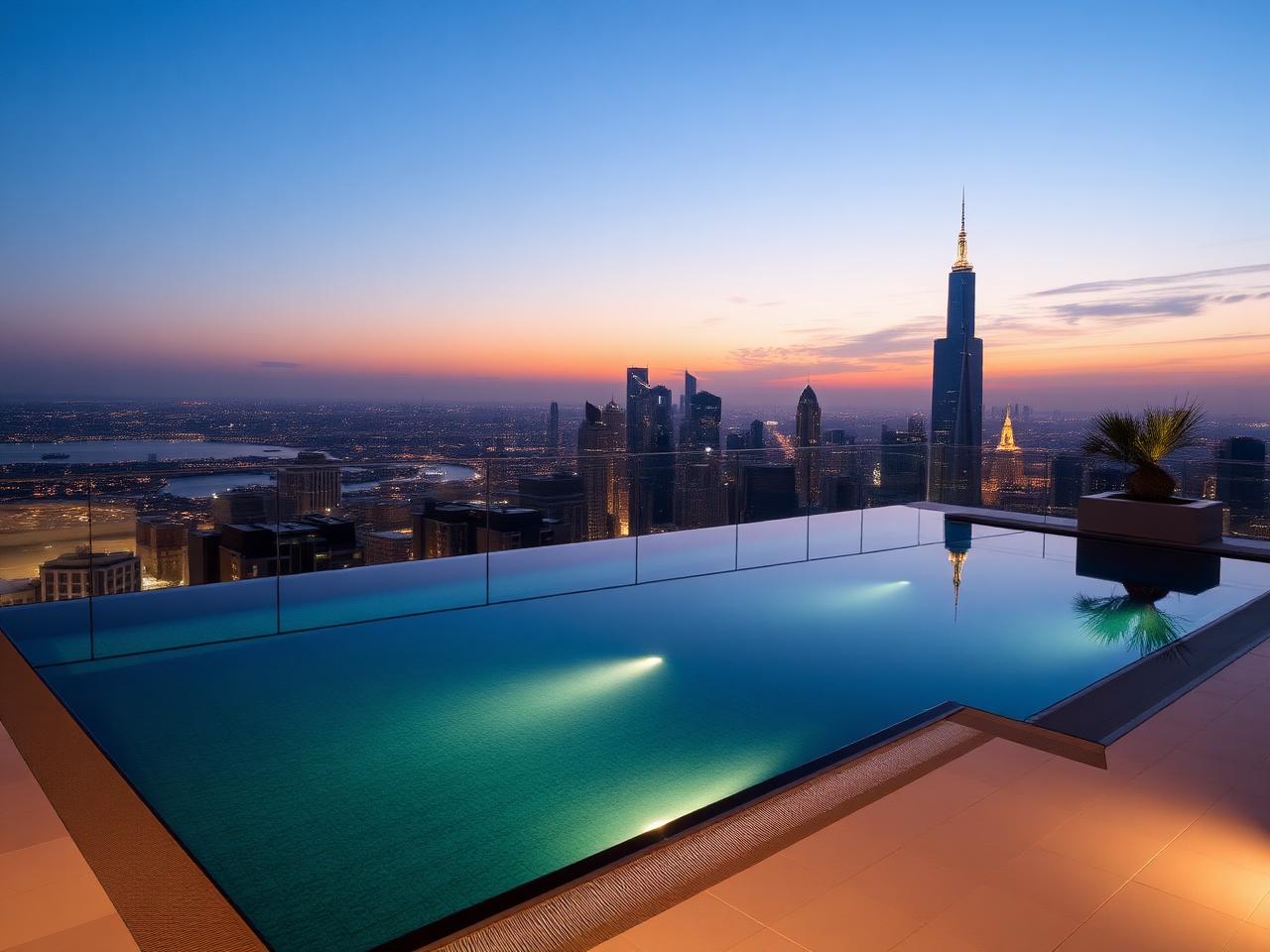 Illustrative rooftop swimming pool with skyline view